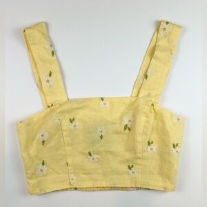 Yellow Sleeveless Embroidery Flower Shirred Cottagecore Fairy Crop Top Small